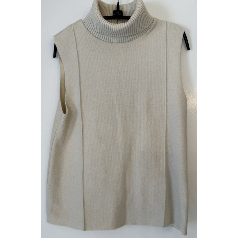 Zara Women Cream Beige Sleeveless Turtleneck Size Small Ribbed Raw Hem Chic Soft
